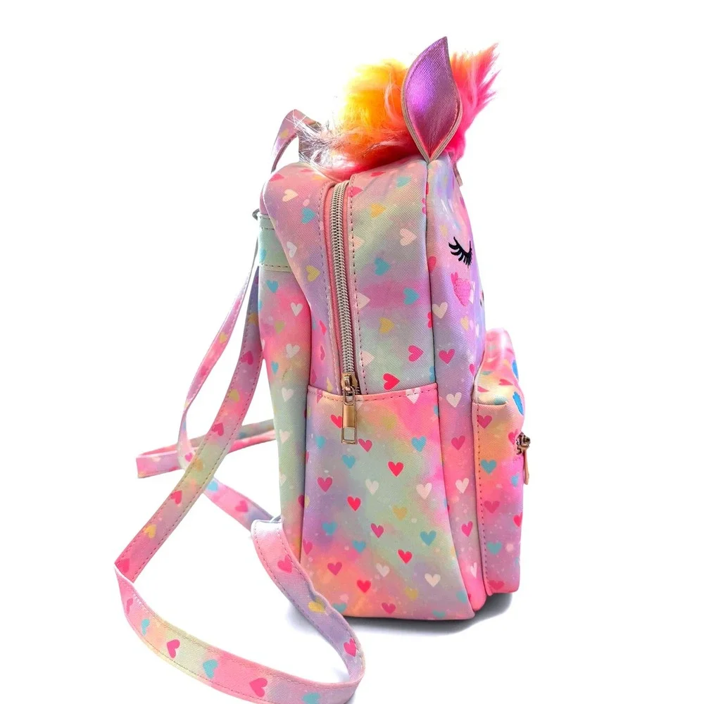 Under One Sky Unicorn Mini Backpack Pastel Heart Tie Dye Faux Fur Mane Pink